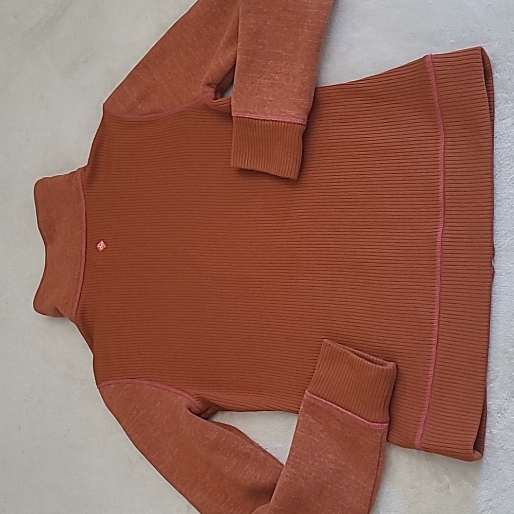 PrAna Breathe Rust Orange Zip Up Sweater XL Ribbed Trim Mock Neck Yoga Outdoor - Picture 11 of 15